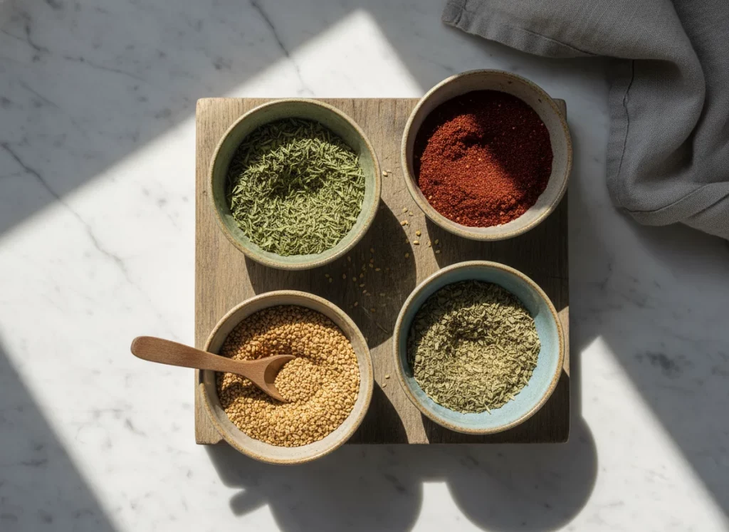 Zaatar Ingredients: Thyme, Sumac, Sesame Seeds, and Oregano