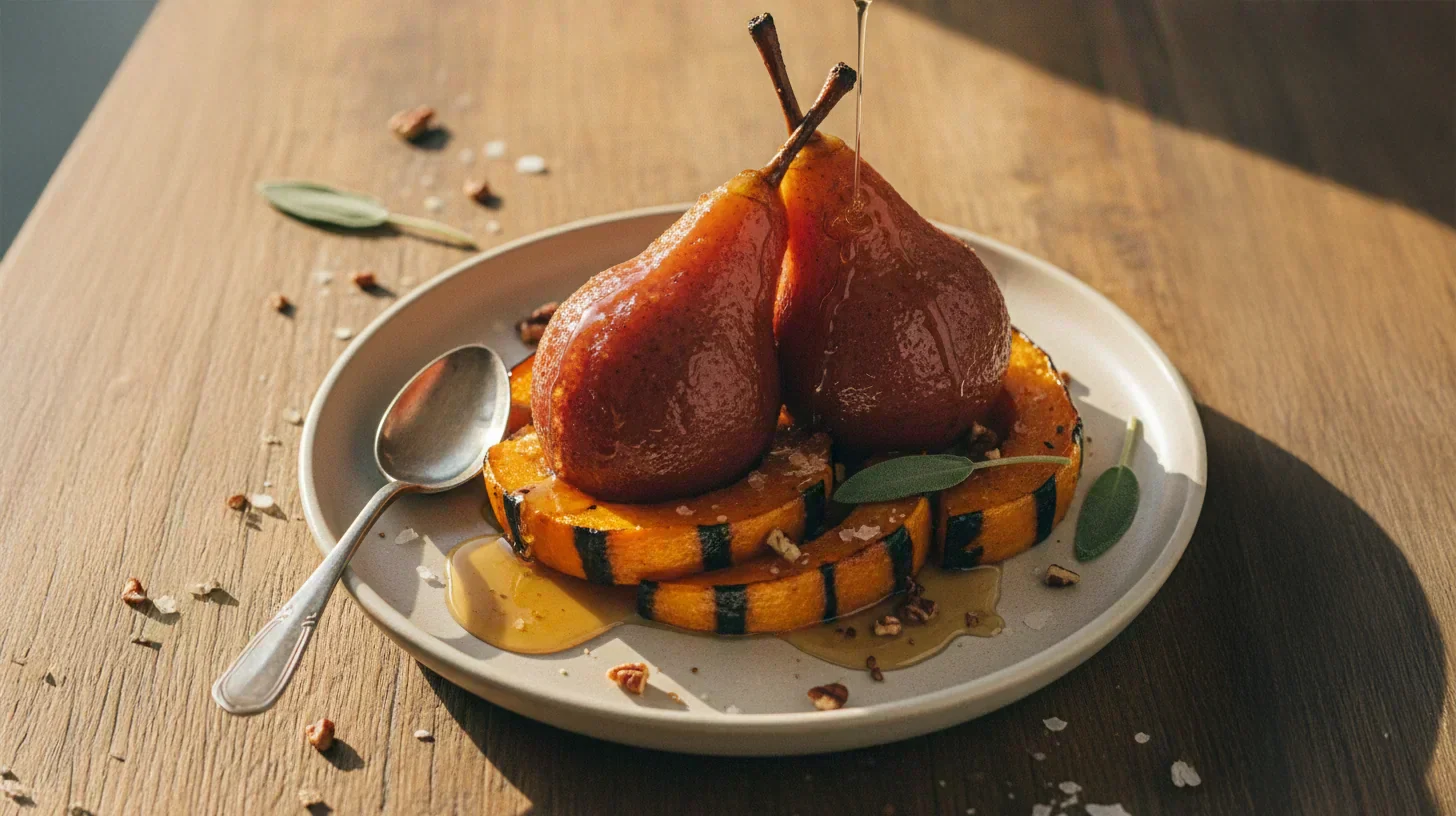 Pumpkin Chai – Poached Pears with Maple-Roasted Acorn Squash and Cardamom ‑ Honey Drizzle